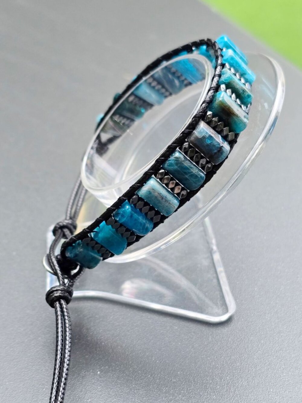 Handmade ⦠Blue Imperial Jasper Bracelet ⦠Adjustable Black Cord Slab Beads NWT - Picture 3 of 6